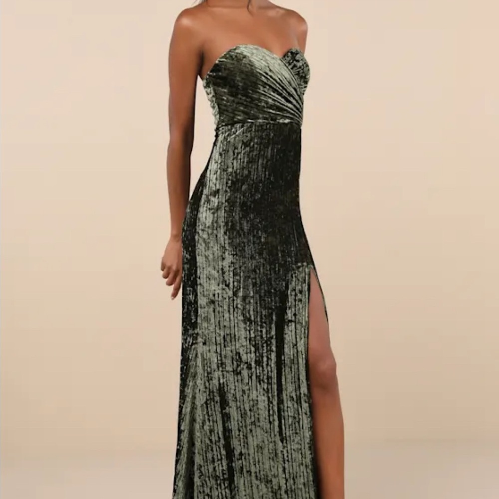 Classy Sensation Olive Velvet Pleated Strapless Maxi Dress (MED)